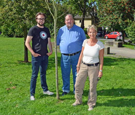 Langer Tag der StadtNatur 2015: Die SPD-Ratsfraktion Bochum hatte im Rahmen des Langen Tages der StadtNatur am 29. August 2015 zu einem Besuch der Bäume der Jahre 2007, 2009 und 2011 eingeladen. Im Bild (v.l.): Die Ratsmitglieder Bastian Hartmann und Friedhelm Lueg sowie Martina Schmück-Glock, Vorsitzende des Ratsausschusses für Umwelt, Sicherheit und Ordnung, bei der letzten Station, dem Romanus-Platz. Hier steht eine Elsbeere, der Baum des Jahres 2011.