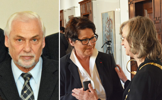 Oberbürgermeisterin Dr. Ottilie Scholz (re.) hat am Donnerstag (1. Oktober 2015) den Ehrenring der Stadt Bochum verliehen. Zehn der 13 neuen Ehrenringträgerinnen und -träger konnten an der kleinen Verleihungszeremonie im Rathaus teilnehmen, darunter das ehemalige Ratsmitglied und heutige Vorsitzende des Seniorenbeirats Gudrun Goldschmidt sowie das ehemalige Ratsmitglied Herbert Kastner (linkes Foto). Kastner gehörte dem Rat von 1989 bis 2014 an.
