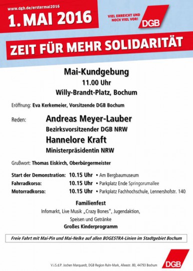 1. Mai 2016: Zeit für mehr Solidarität (Aufruf zur Maikundgebung des DGB in Bochum)