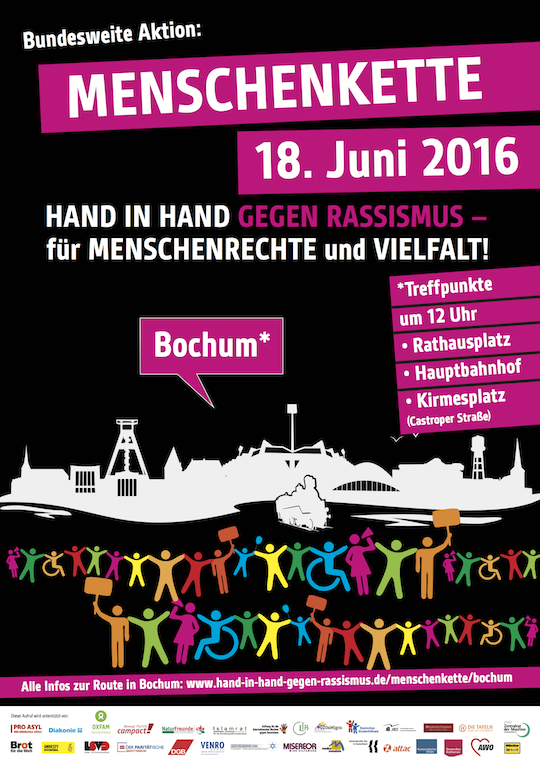 Plakat: Menschenkette: Hand in Hand gegen Rassismus für Menschenrechte und Vielfalt (am 18. Juni 2016 in Bochum)