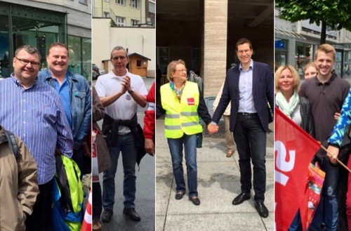 Menschenkette in Bochum: An einer Menschenkette unter dem Leitgedanken "Hand in Hand gegen Rassismus für Menschenrechte und Vielfalt  in Bochum am Samstag (18. Juni 2016) nahmen auch Mitglieder der SPD-Ratsfraktion teil, darunter (v.l.) Jörg Czwikla, Dirk Marten und Ernst Steinbach sowie Jonathan Ströttchen. 