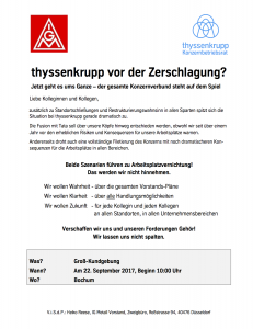 Groß-Kundgebung: thyssenkrupp vor der Zerschlagung? (22.09.2017 - Beginn: 10:00 Uhr)