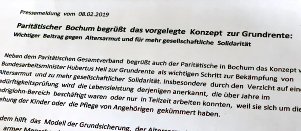 Der Paritätische Bochum: Auszug aus der Pressemeldung vom 08.02.2019 zum vorgelegten Konzept der Grundrente